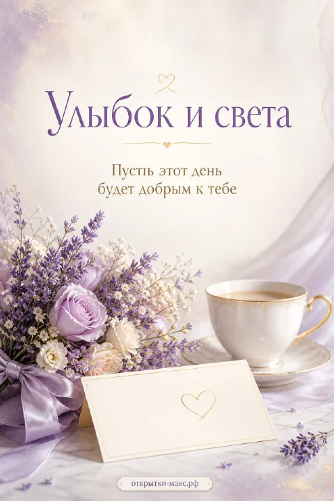 Фиолетовые розы с лавандой, золотая чашка чая и конверт с сердцем на светлом фоне