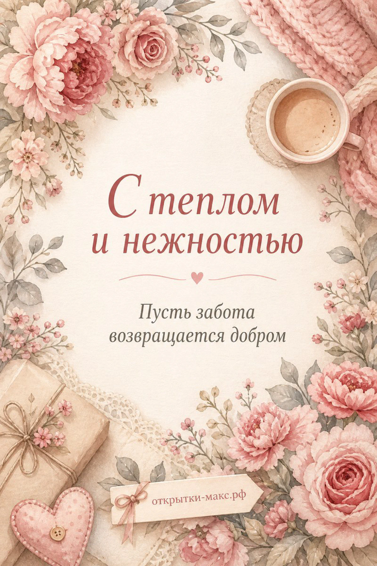 Розовые акварельные розы с подарком в крафтовой бумаге и чашкой кофе на кремовом фоне