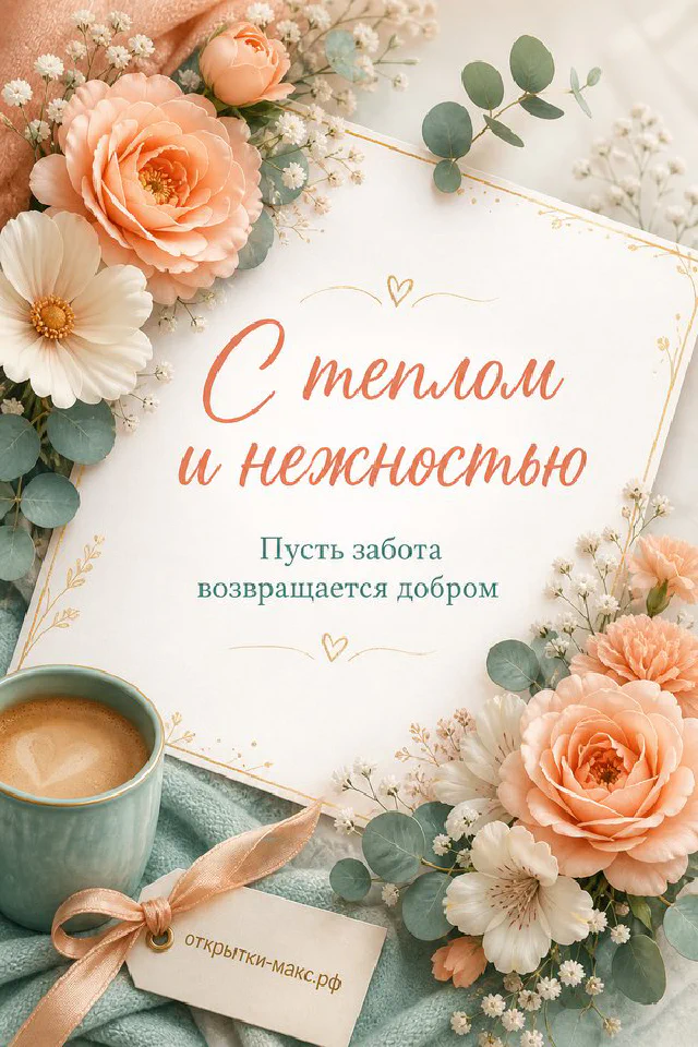 Розовые акварельные розы с подарком в крафтовой бумаге и чашкой кофе на кремовом фоне — вариант 8