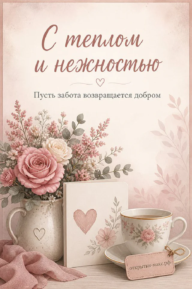 Розовые акварельные розы с подарком в крафтовой бумаге и чашкой кофе на кремовом фоне — вариант 7