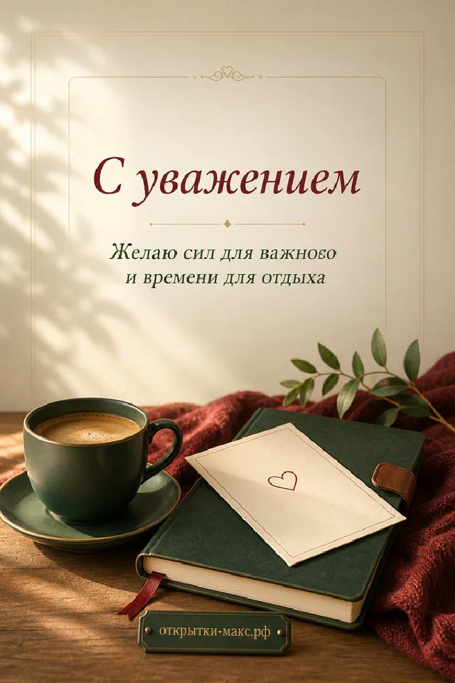 Белая карточка с надписью «С уважением» на фоне акварельных пятен, рядом чашка кофе и атласная лента — вариант 2