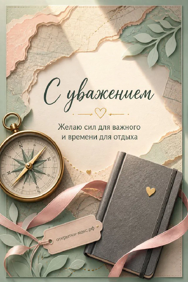 Белая карточка с надписью «С уважением» на фоне акварельных пятен, рядом чашка кофе и атласная лента — вариант 3
