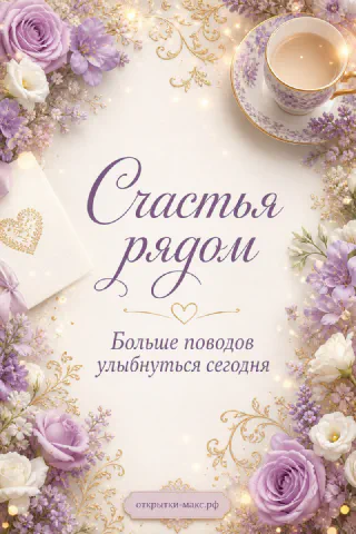 Открытка со словами «Счастья рядом» — лавандовые и белые розы обрамляют чашку чая