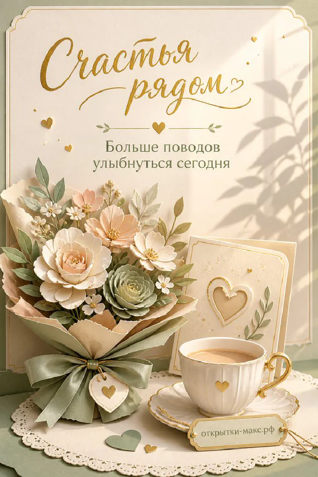 Открытка со словами «Счастья рядом» — лавандовые и белые розы обрамляют чашку чая — вариант 3