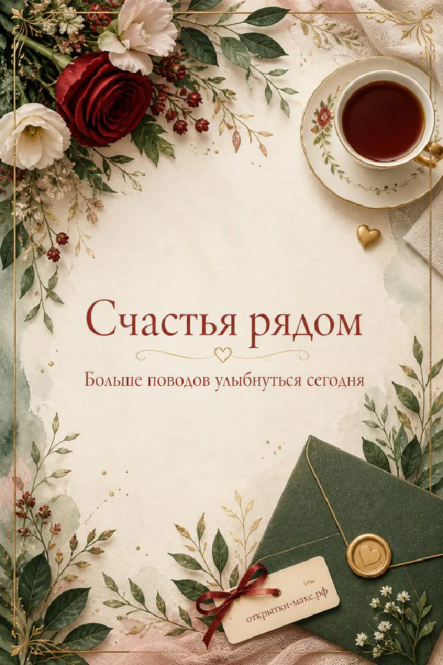 Открытка со словами «Счастья рядом» — лавандовые и белые розы обрамляют чашку чая — вариант 4