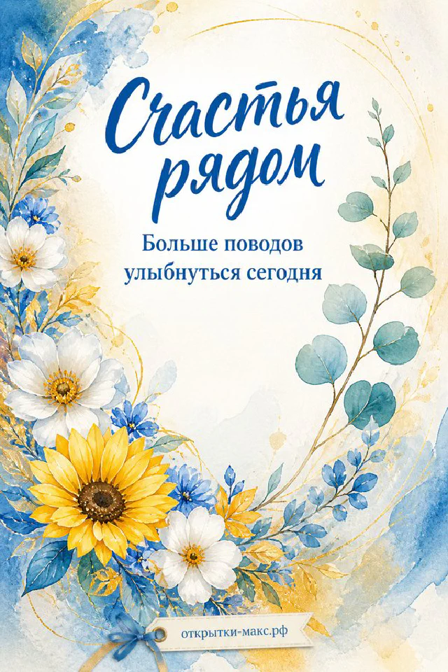 Открытка со словами «Счастья рядом» — лавандовые и белые розы обрамляют чашку чая — вариант 5