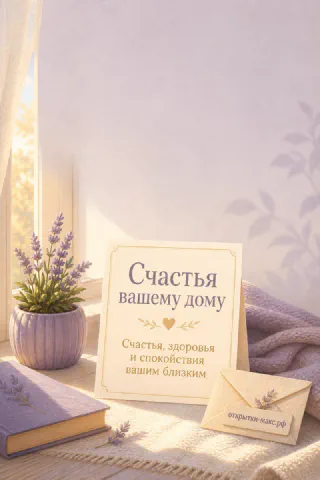 Открытка «Счастья вашему дому» с лавандой в горшке и конвертом на светлом лавандовом фоне
