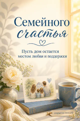 Открытка с белым пионом в вазе, синей кружкой и иллюстрацией семьи у дома на светлом фоне