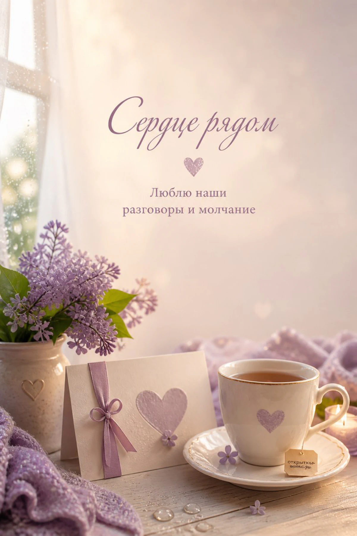 Букет сирени в вазе, открытка с сердечком и чашка чая в лавандовых тонах