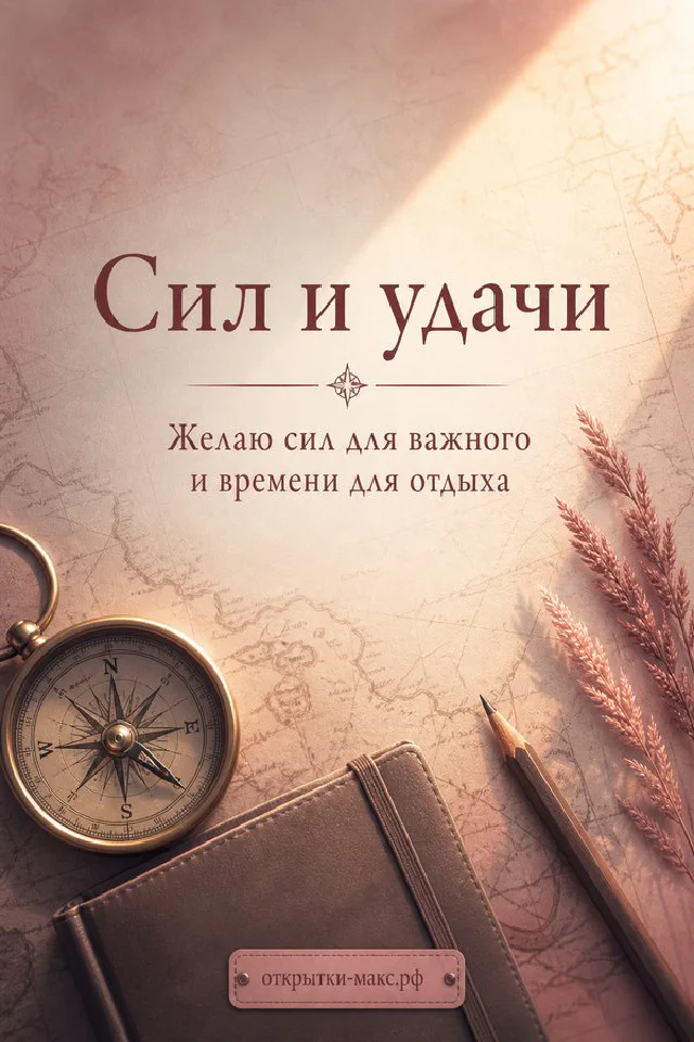 Мятная чашка кофе с латте-артом и зелёный блокнот рядом с цветущей белой веткой с надписью Сил и удачи — вариант 3