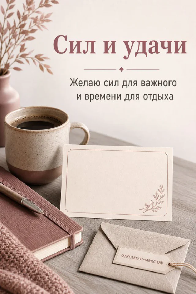 Мятная чашка кофе с латте-артом и зелёный блокнот рядом с цветущей белой веткой с надписью Сил и удачи — вариант 4
