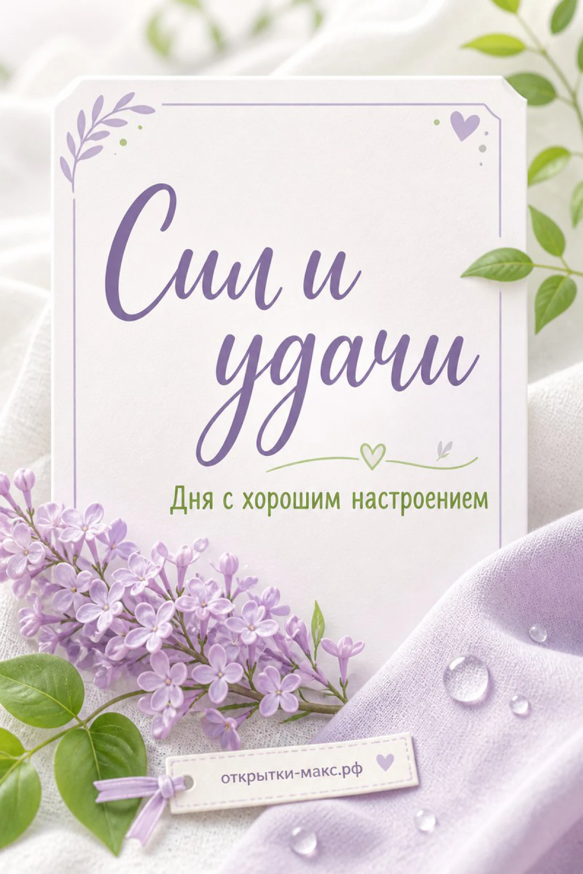 Ветка лиловой сирени с каплями воды на белой ткани с открыткой «Сил и удачи»