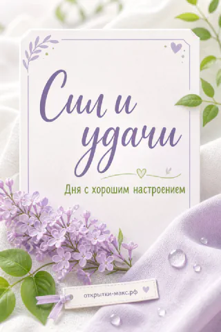 Ветка лиловой сирени с каплями воды на белой ткани с открыткой «Сил и удачи»