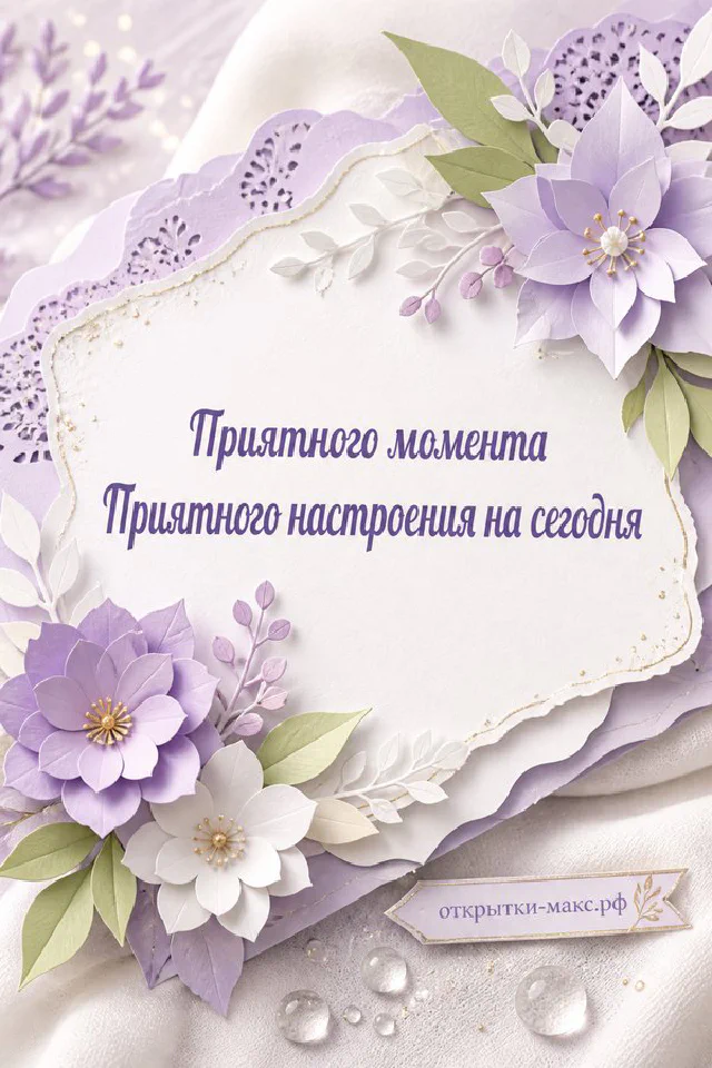Декоративная открытка с объёмными фиолетовыми цветами сирени, бабочкой и зелёными листьями в рамке — вариант 2
