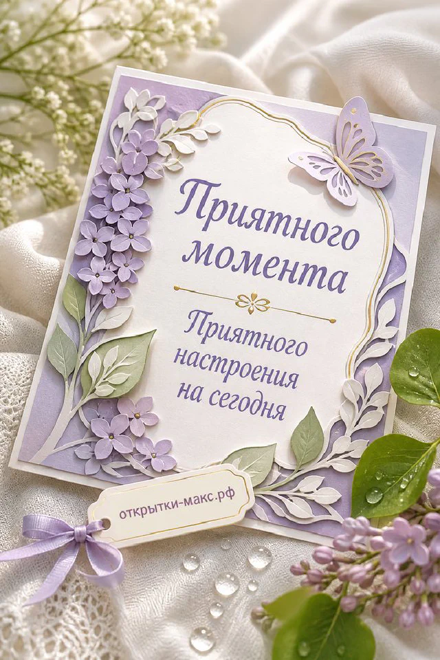 Декоративная открытка с объёмными фиолетовыми цветами сирени, бабочкой и зелёными листьями в рамке — вариант 3