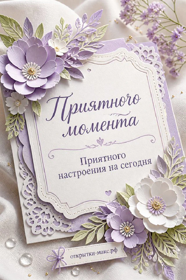 Декоративная открытка с объёмными фиолетовыми цветами сирени, бабочкой и зелёными листьями в рамке — вариант 4