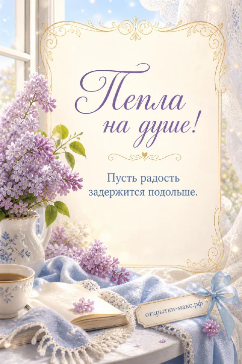 Белая сирень в белой вазе на подоконнике с кружевной тканью, книга и чашка чая, надпись «Тепла на душе»