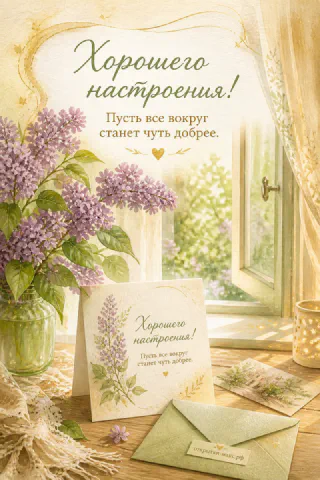 Сирень в стеклянной вазе и маленькая открытка с конвертами у деревенского окна с занавеской