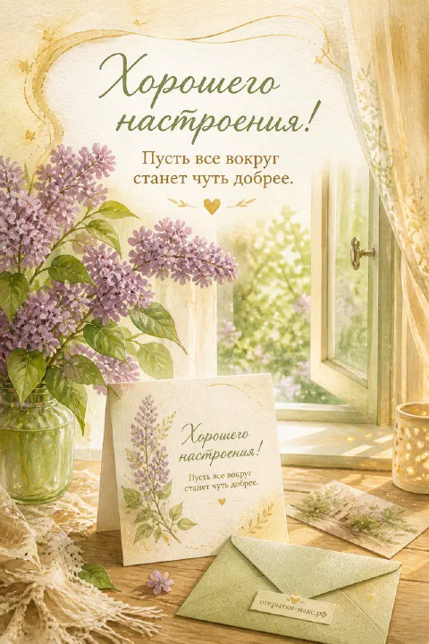 Сирень в стеклянной вазе и маленькая открытка с конвертами у деревенского окна с занавеской