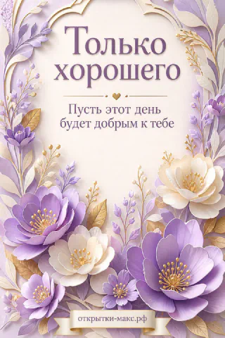 Объёмные фиолетовые и белые цветы с золотыми листьями в арочной рамке, надпись «Только хорошего, пусть этот день будет добрым к тебе»