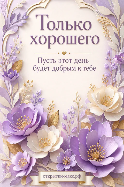 Объёмные фиолетовые и белые цветы с золотыми листьями в арочной рамке, надпись «Только хорошего, пусть этот день будет добрым к тебе»