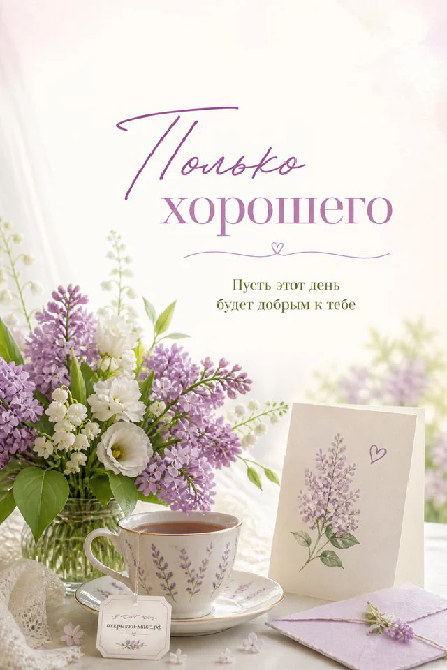 Объёмные фиолетовые и белые цветы с золотыми листьями в арочной рамке, надпись «Только хорошего, пусть этот день будет добрым к тебе» — вариант 2