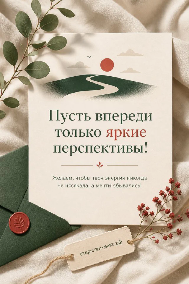 Акварельный восход солнца над холмами с птицами на открытке в голубой рамке на белой ткани — вариант 2