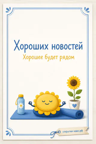 Мультяшное улыбающееся солнышко медитирует на синем коврике рядом с горшком подсолнуха и бутылкой воды