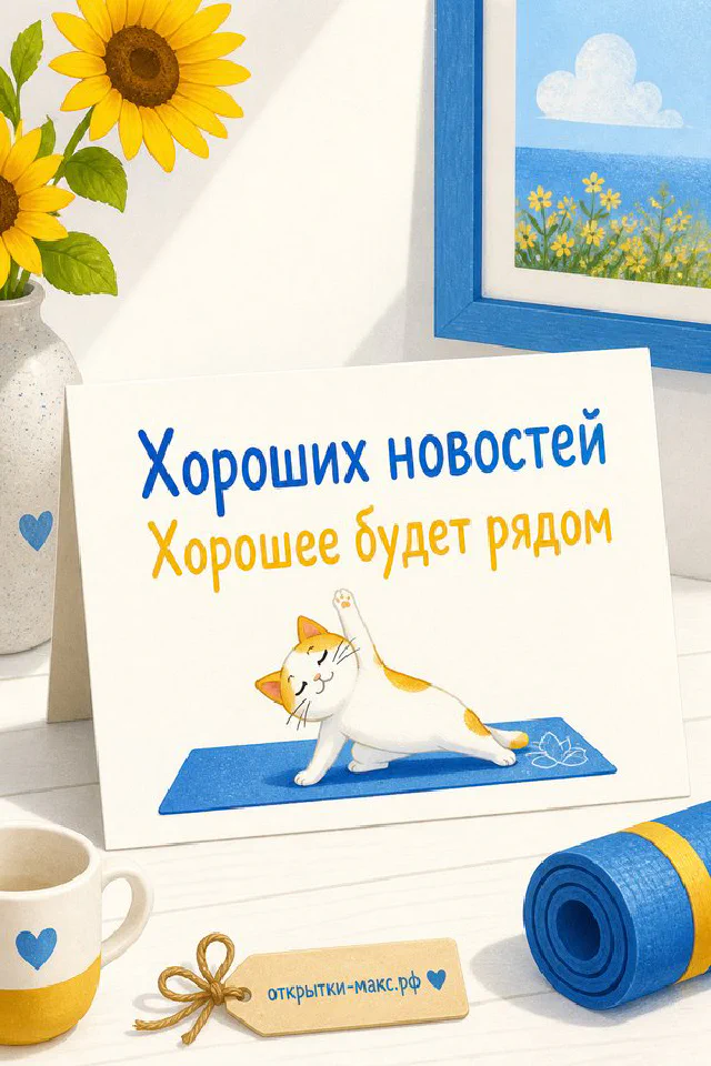Мультяшное улыбающееся солнышко медитирует на синем коврике рядом с горшком подсолнуха и бутылкой воды — вариант 3