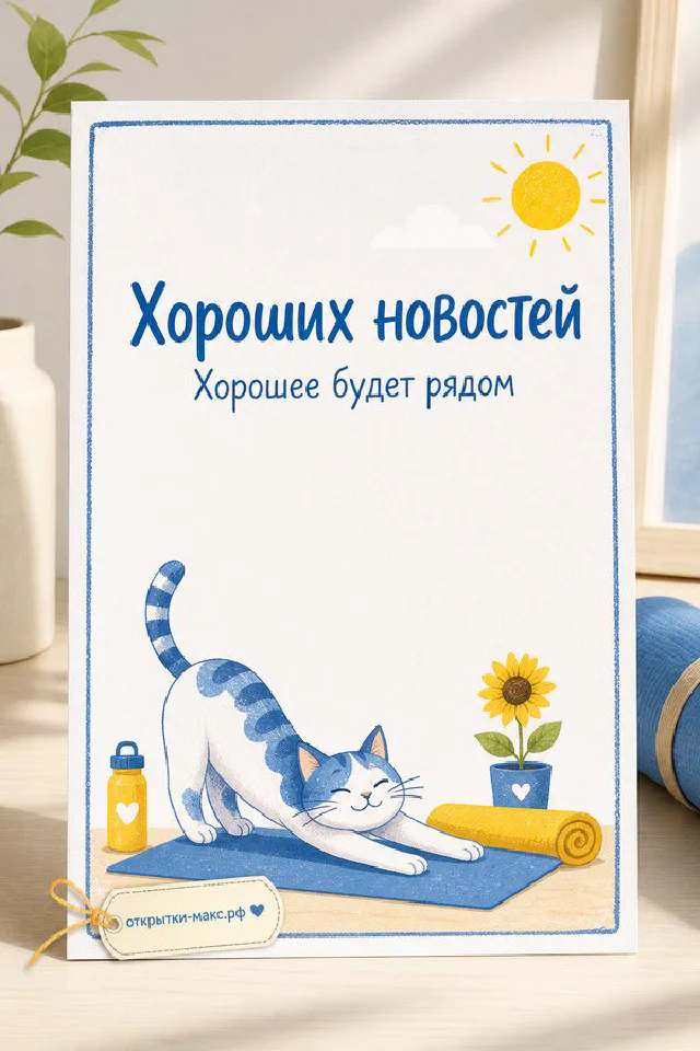 Мультяшное улыбающееся солнышко медитирует на синем коврике рядом с горшком подсолнуха и бутылкой воды — вариант 4