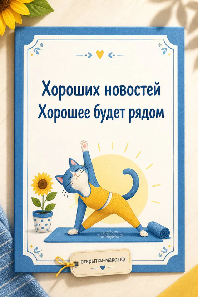 Мультяшное улыбающееся солнышко медитирует на синем коврике рядом с горшком подсолнуха и бутылкой воды — вариант 6