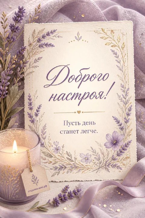 Горящая свеча и ветки лаванды с открыткой-карточкой на лиловой ткани с надписью Доброго настроя