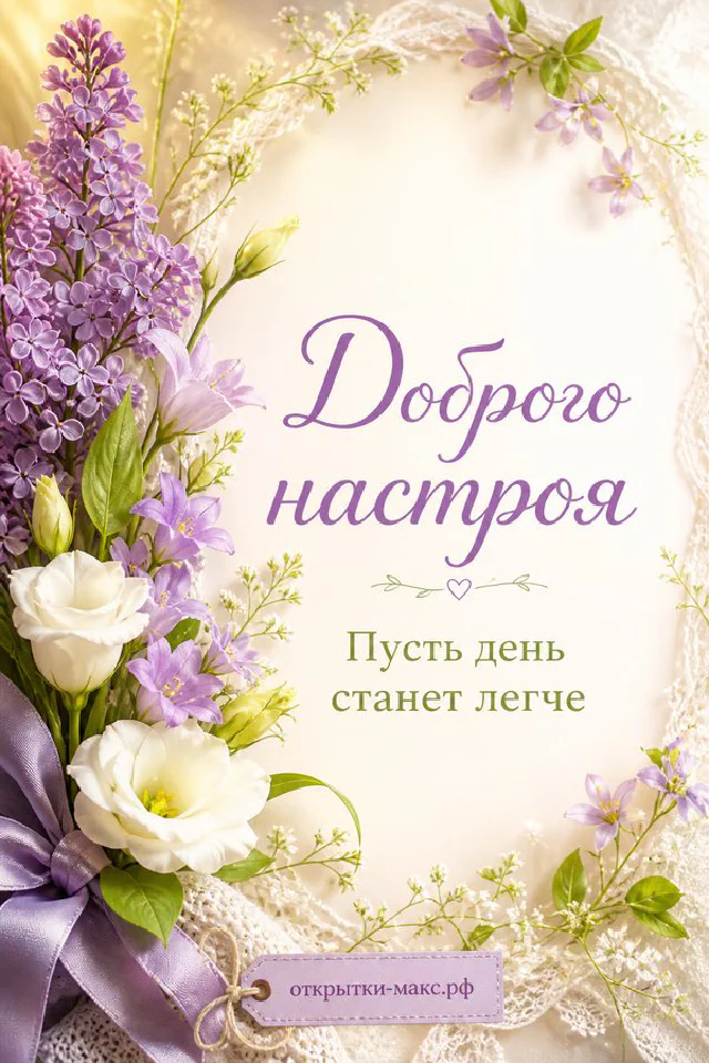 Горящая свеча и ветки лаванды с открыткой-карточкой на лиловой ткани с надписью Доброго настроя — вариант 6