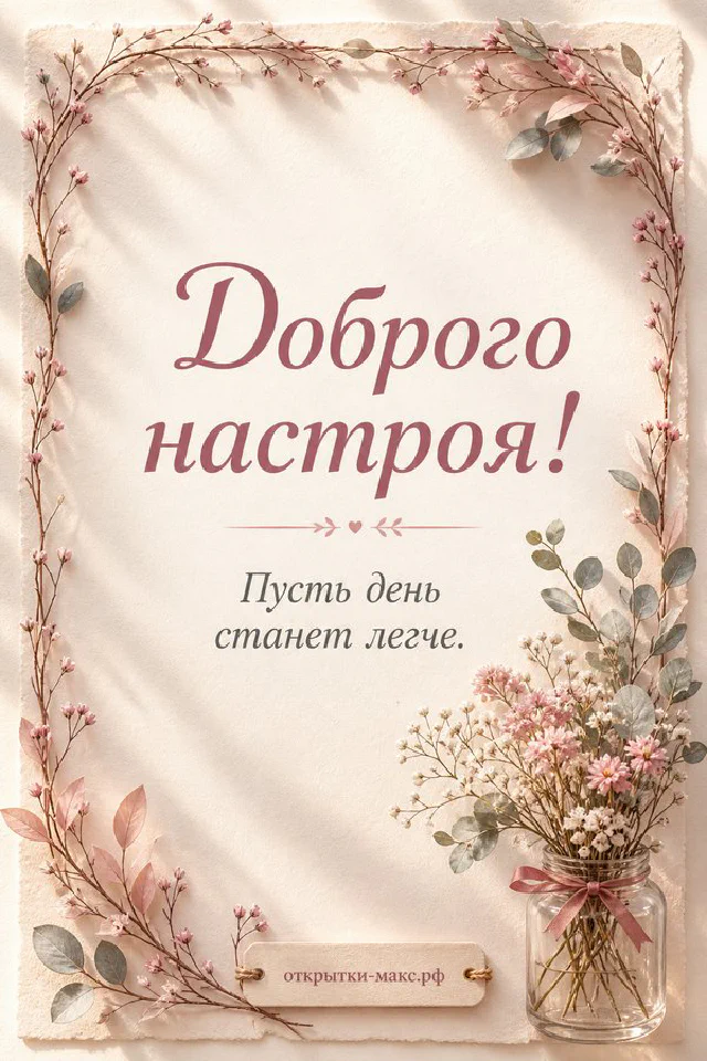 Горящая свеча и ветки лаванды с открыткой-карточкой на лиловой ткани с надписью Доброго настроя — вариант 8