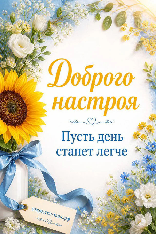 Горящая свеча и ветки лаванды с открыткой-карточкой на лиловой ткани с надписью Доброго настроя — вариант 3