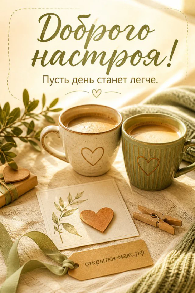 Горящая свеча и ветки лаванды с открыткой-карточкой на лиловой ткани с надписью Доброго настроя — вариант 4