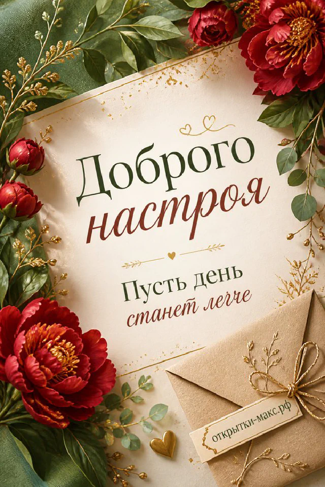 Горящая свеча и ветки лаванды с открыткой-карточкой на лиловой ткани с надписью Доброго настроя — вариант 5