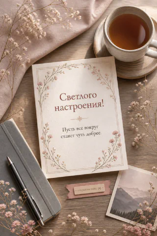 Карточка «Светлого настроения» в цветочной рамке рядом с чашкой чая и сухими цветами
