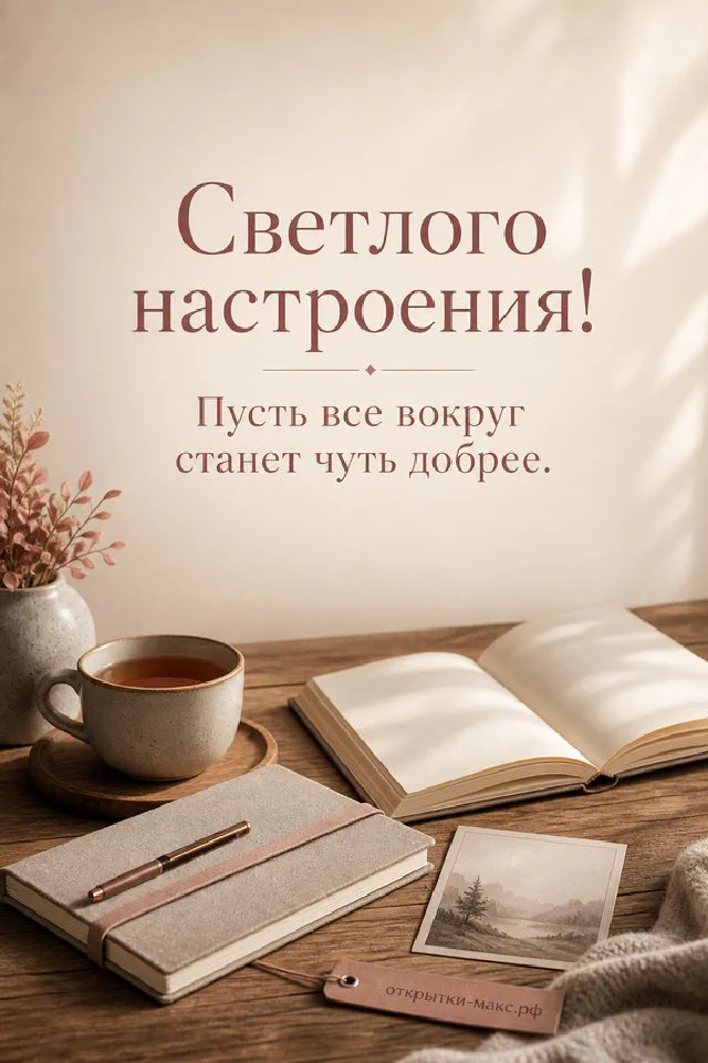 Карточка «Светлого настроения» в цветочной рамке рядом с чашкой чая и сухими цветами — вариант 3