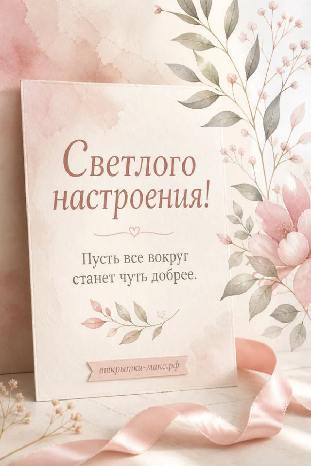 Карточка «Светлого настроения» в цветочной рамке рядом с чашкой чая и сухими цветами — вариант 4
