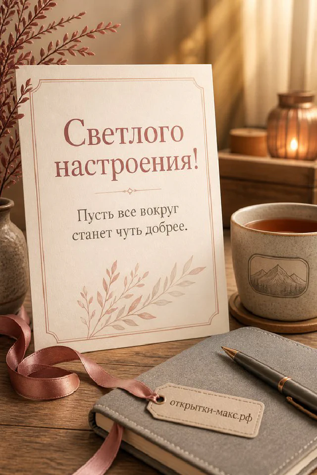 Карточка «Светлого настроения» в цветочной рамке рядом с чашкой чая и сухими цветами — вариант 6