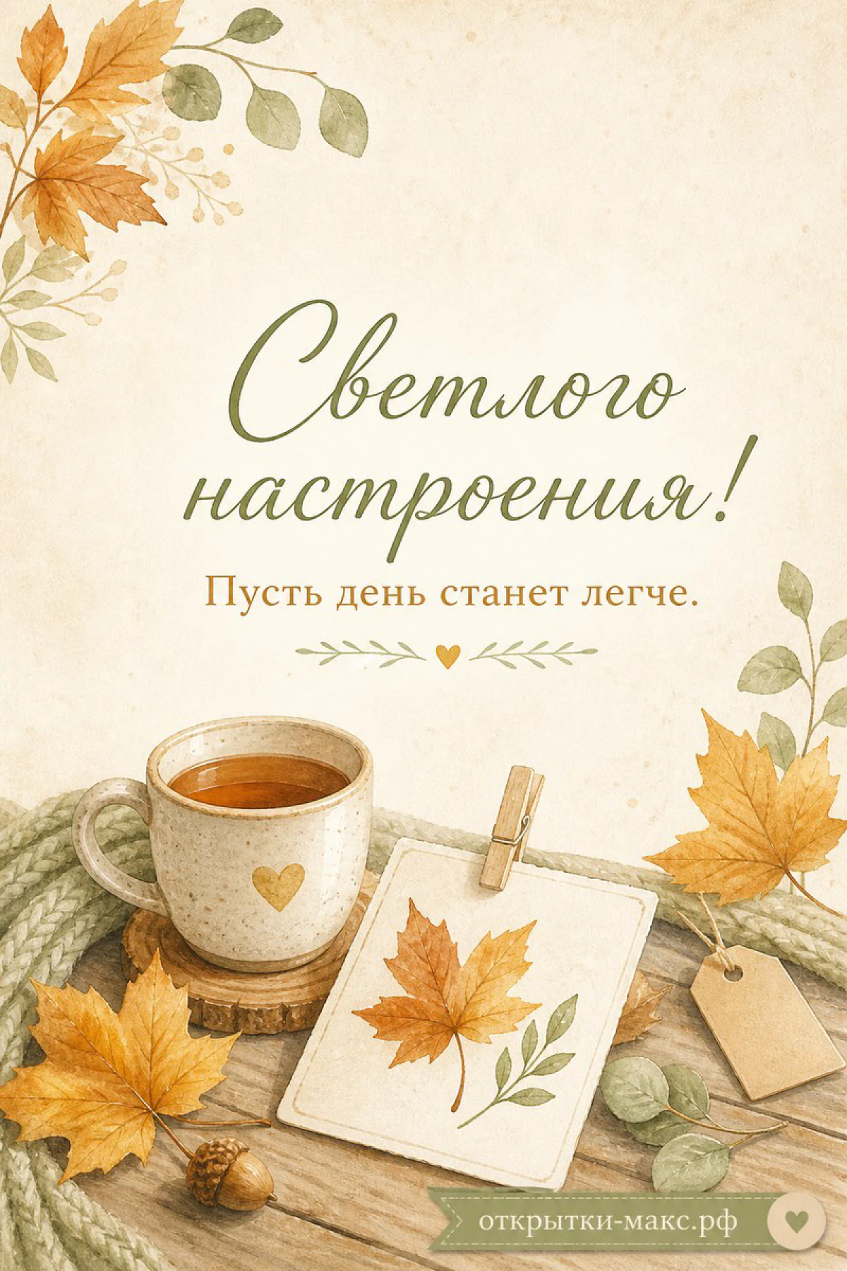 Кружка чая с нарисованным сердечком на деревянном подносе рядом с кленовыми листьями и карточкой