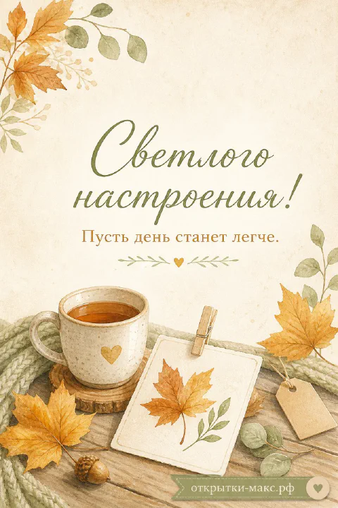 Кружка чая с нарисованным сердечком на деревянном подносе рядом с кленовыми листьями и карточкой