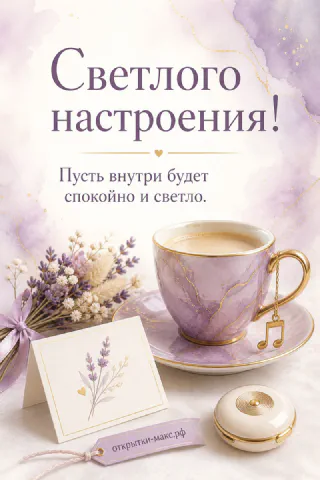Лиловая мраморная чашка кофе с золотой ручкой рядом с лавандой и макаруном с надписью Светлого настроения