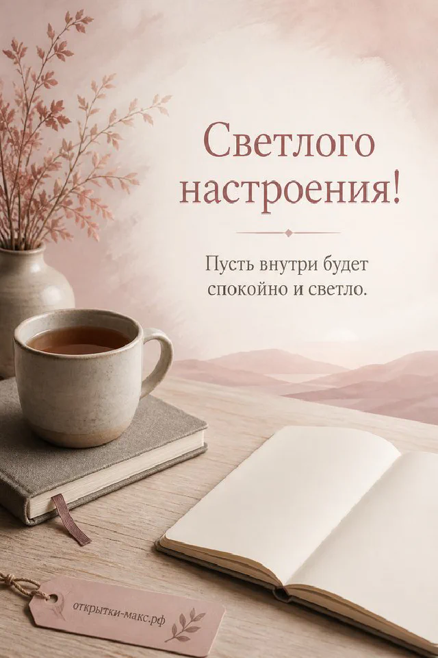 Лиловая мраморная чашка кофе с золотой ручкой рядом с лавандой и макаруном с надписью Светлого настроения — вариант 2