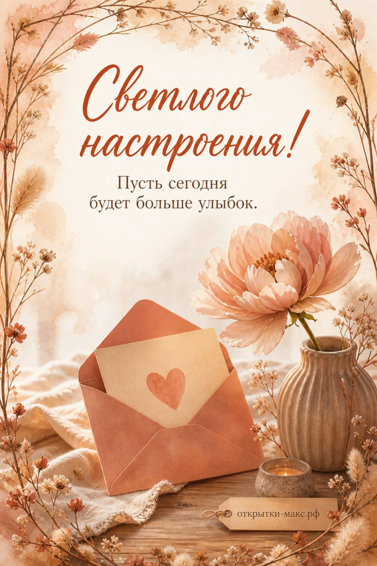 Терракотовый конверт с сердечком, крупный розовый пион в вазе и маленькая свеча на фоне сухоцвети