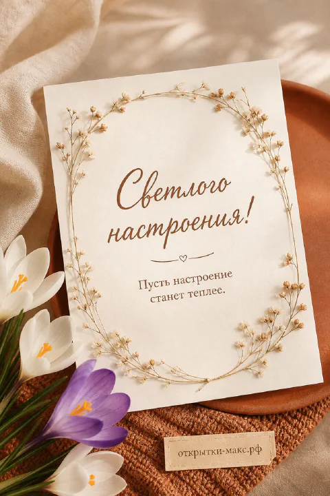 Открытка со светлым венком на терракотовой тарелке рядом с белыми и фиолетовыми крокусами