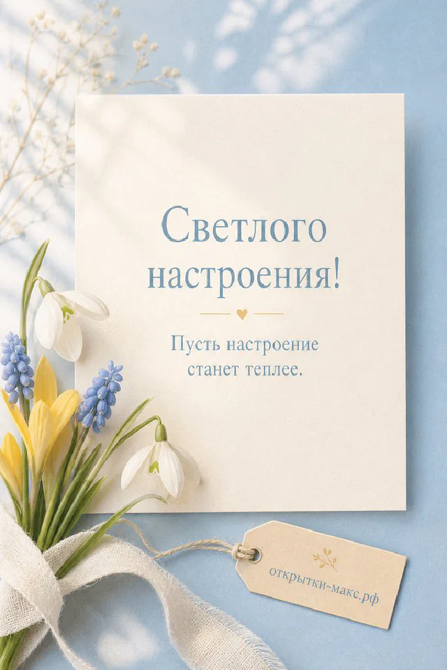 Открытка со светлым венком на терракотовой тарелке рядом с белыми и фиолетовыми крокусами — вариант 2