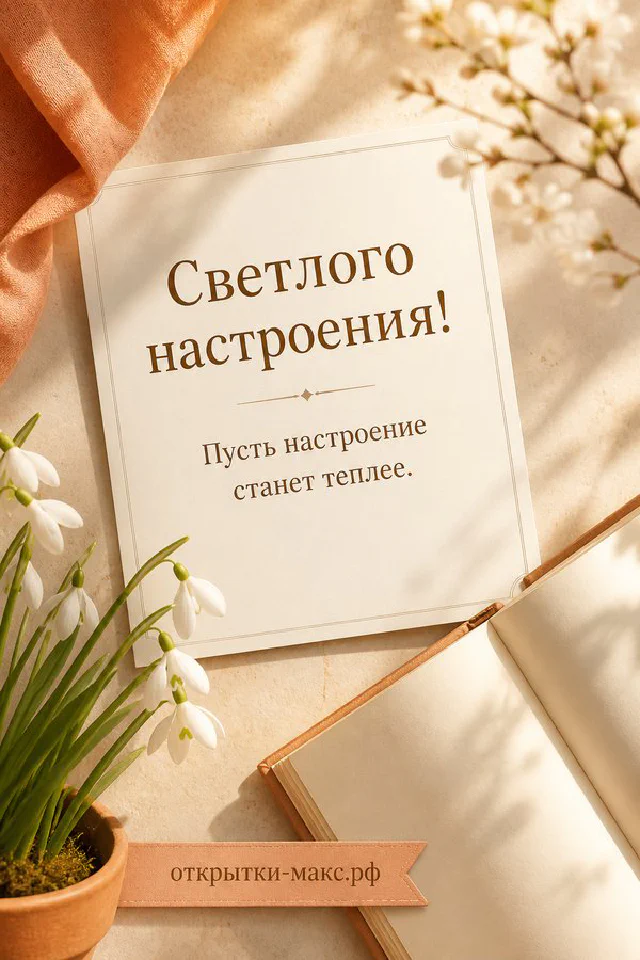 Открытка со светлым венком на терракотовой тарелке рядом с белыми и фиолетовыми крокусами — вариант 3