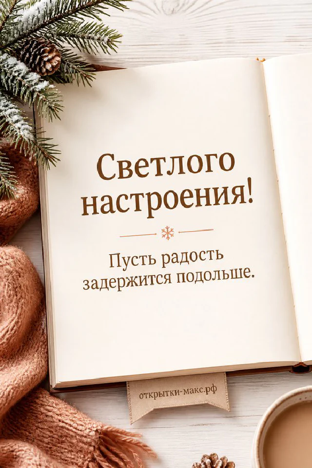 Ваза с жёлтыми осенними листьями, чашка кофе и плед у окна с надписью «Светлого настроения» — вариант 2